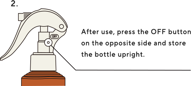 After use, press the OFF button on the opposite side and store the bottle upright.
